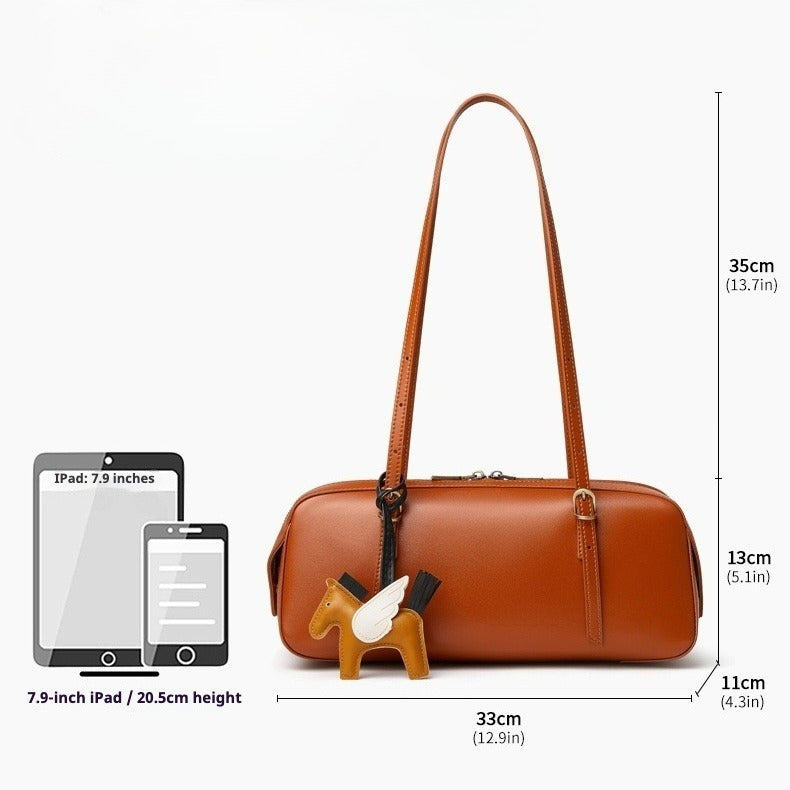Women's Genuine Leather Retro Bowling Shoulder Bag with Horse Charm