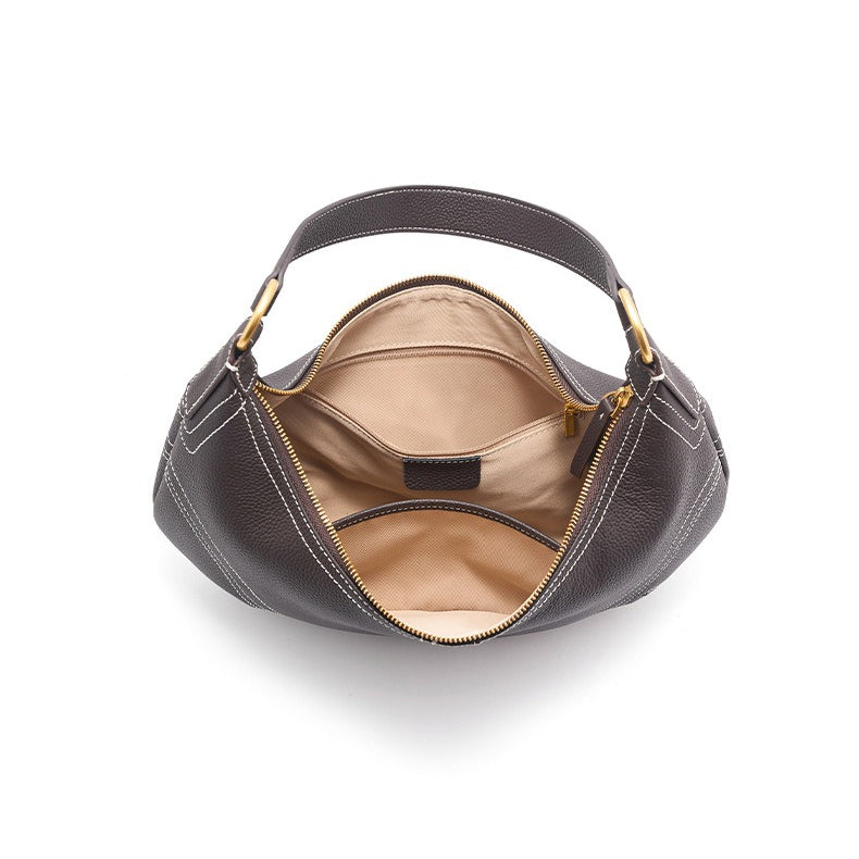 Women's Pebbled Cowhide Curved Hobo Bag with Contrast Stitching