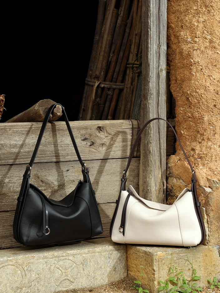Women's Milled Cowhide Geometric Shoulder Bag with Ring Detail