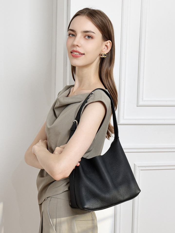 Women's TC Full-Grain Cowhide Hobo Bucket Bag with Adjustable Strap
