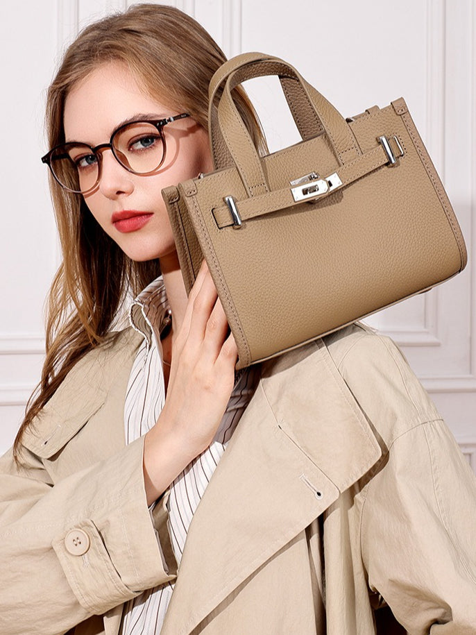 Women's Pebbled Cowhide Kelly Bag with Metal Turn-Lock