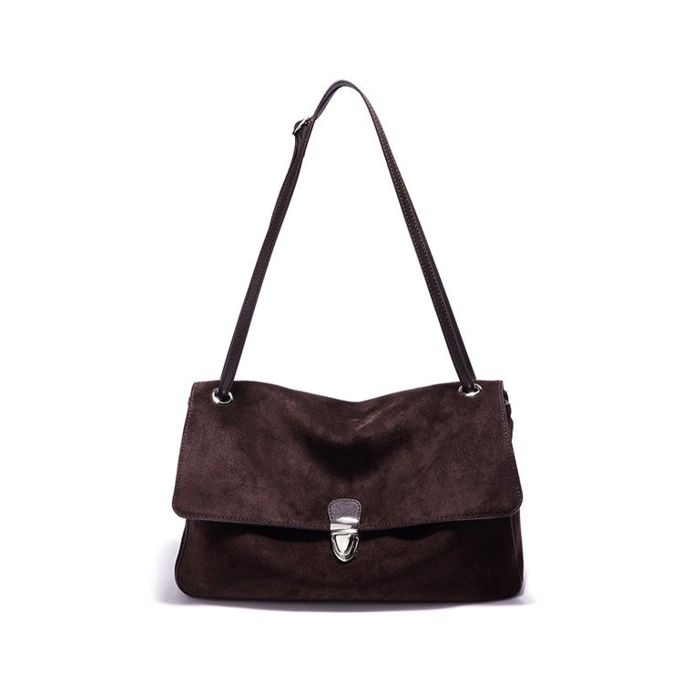 Women's Suede Leather Flap Shoulder Bag with Push-Lock