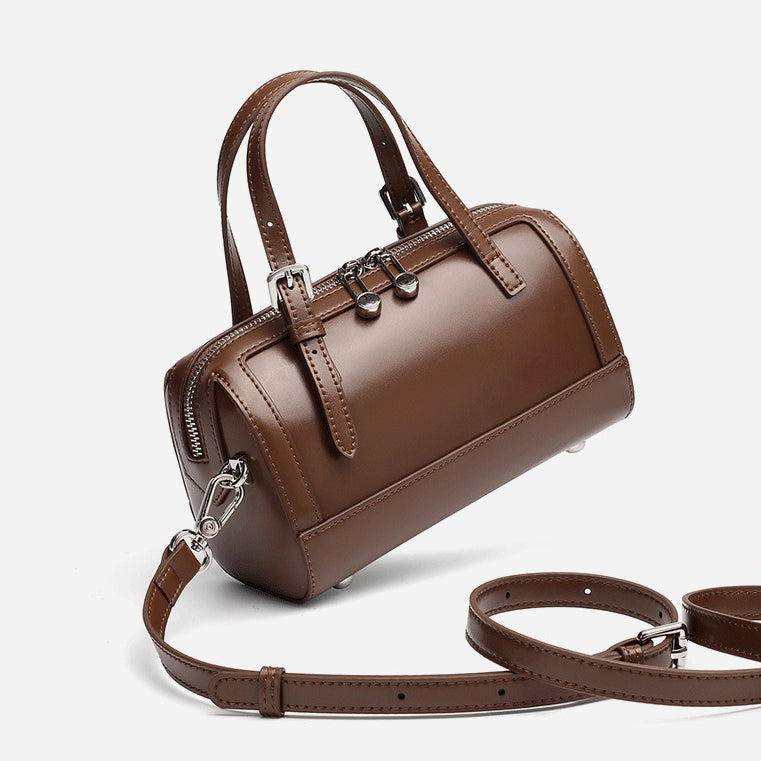 Women's Cowhide Retro Boston Barrel Bag with Adjustable Strap