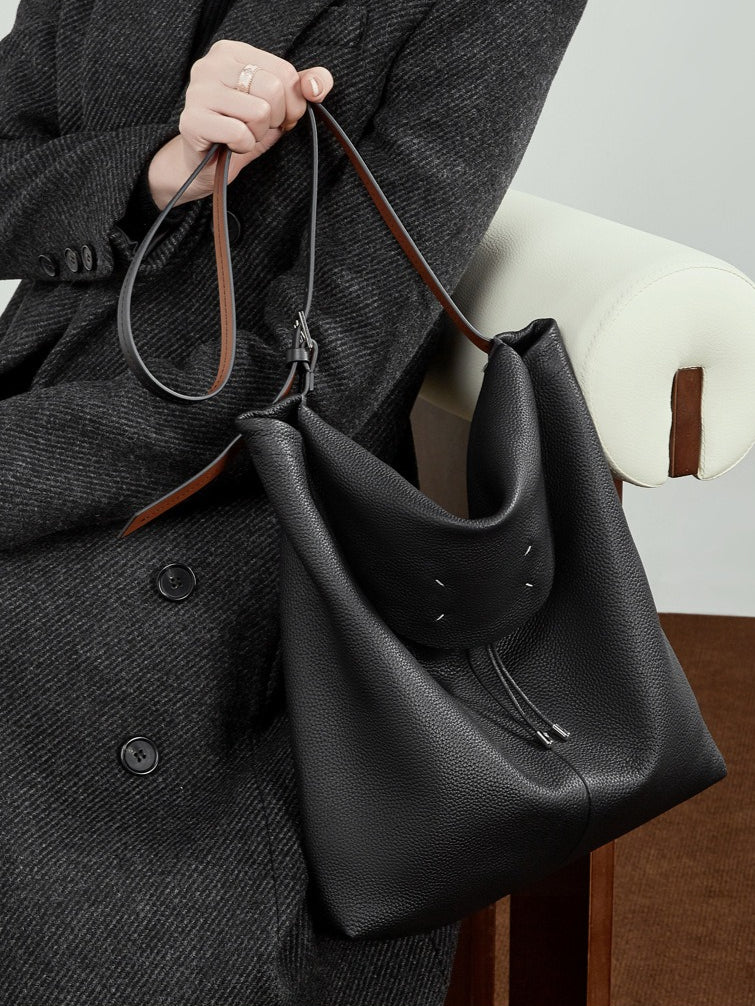 Women's Genuine Leather Slouch Tote Bag with Adjustable Strap & Detachable Pouch