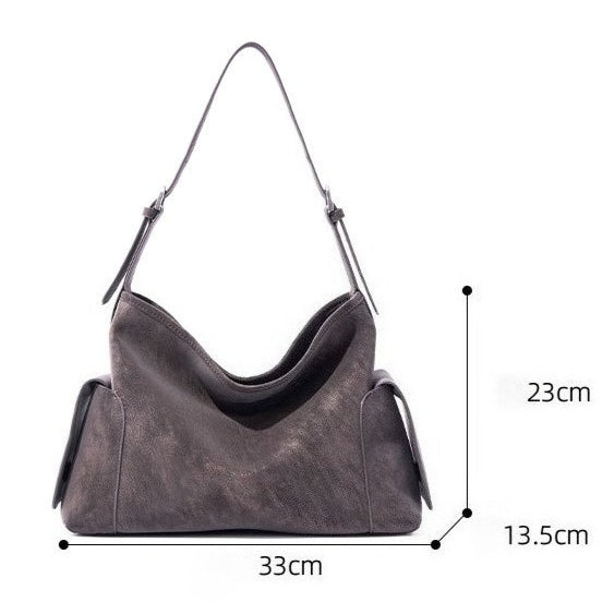 Women's Full-Grain Cowhide Slouchy Shoulder Bag with Side Pockets