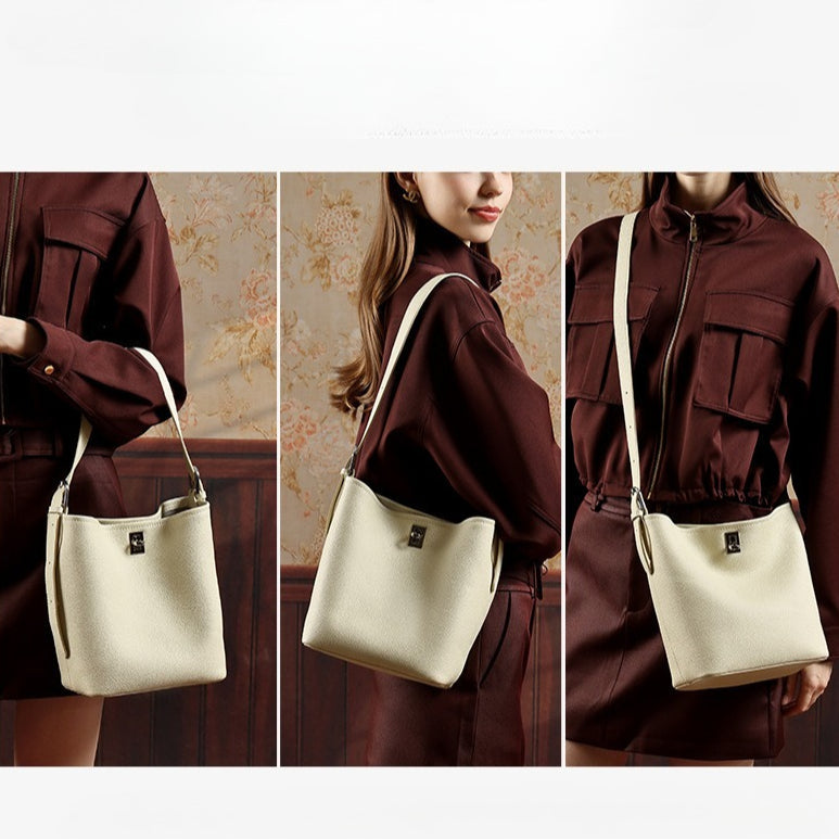 Women's Full-Grain Cowhide Sculpted Bucket Bag with Turn-Lock