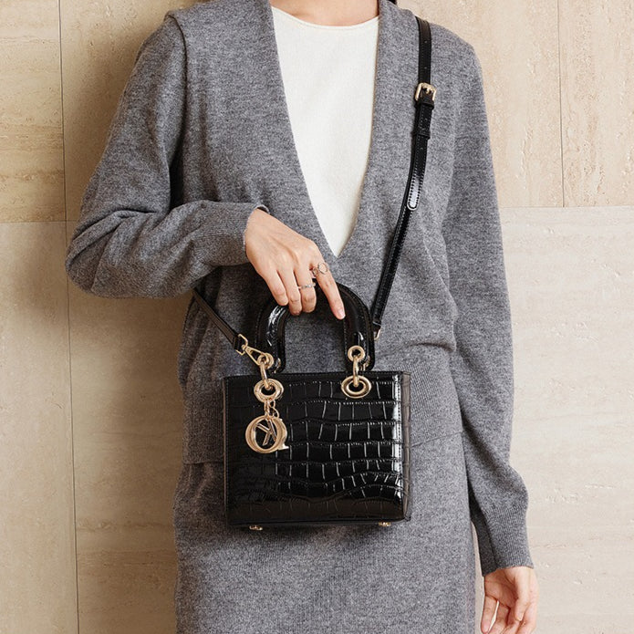 Women's Genuine Leather Croc Embossed Top Handle Crossbody Bag