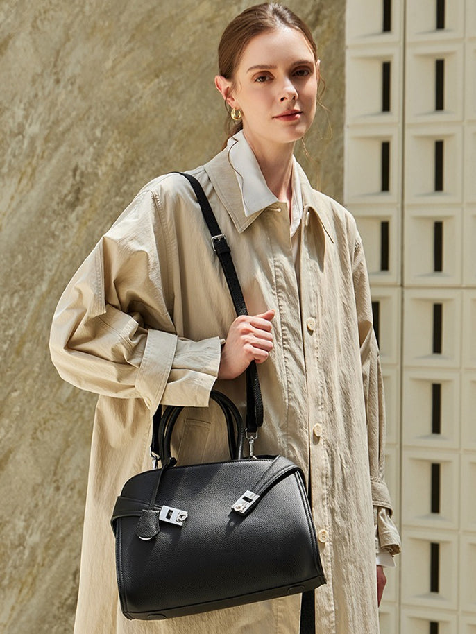 Women's Lychee-Grain Cowhide Double-Buckle Convertible Tote