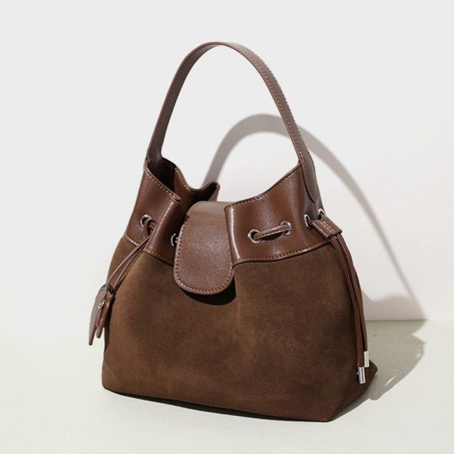 Women's Suede Leather Drawstring Bucket Bag with Horse Charm