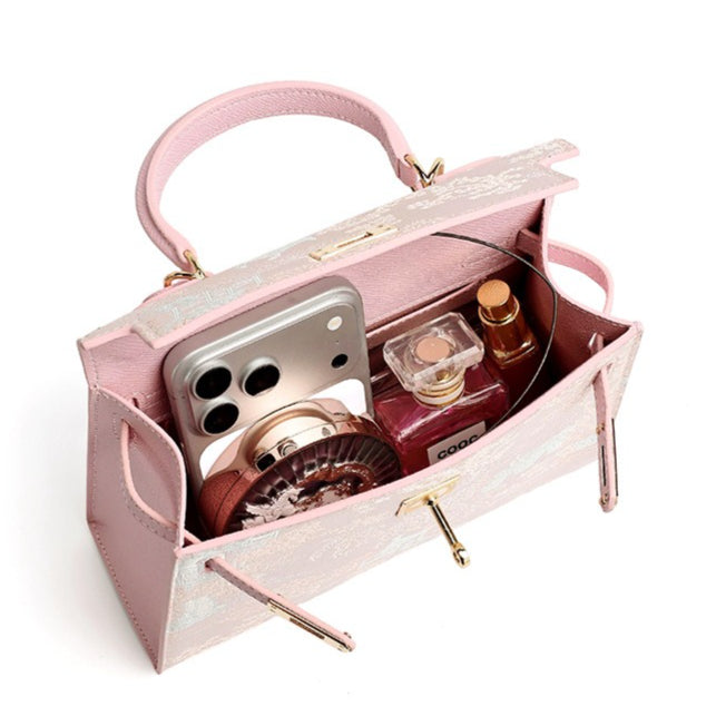 Women's Brocade Genuine Leather Kelly Bag with Padlock Charm