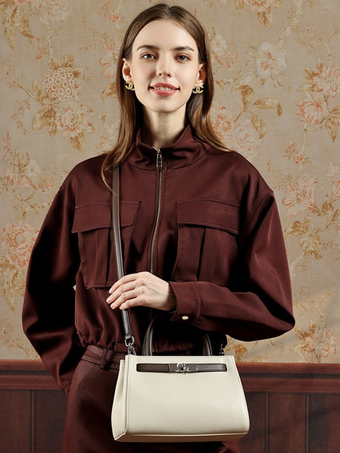 Women's Nappa Cowhide Turn-Lock Satchel with Detachable Strap