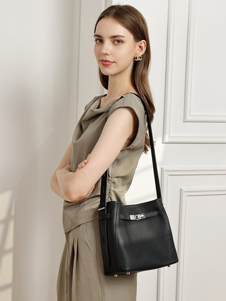 Women's Pebbled Cowhide Bucket Bag with Double-D Hardware