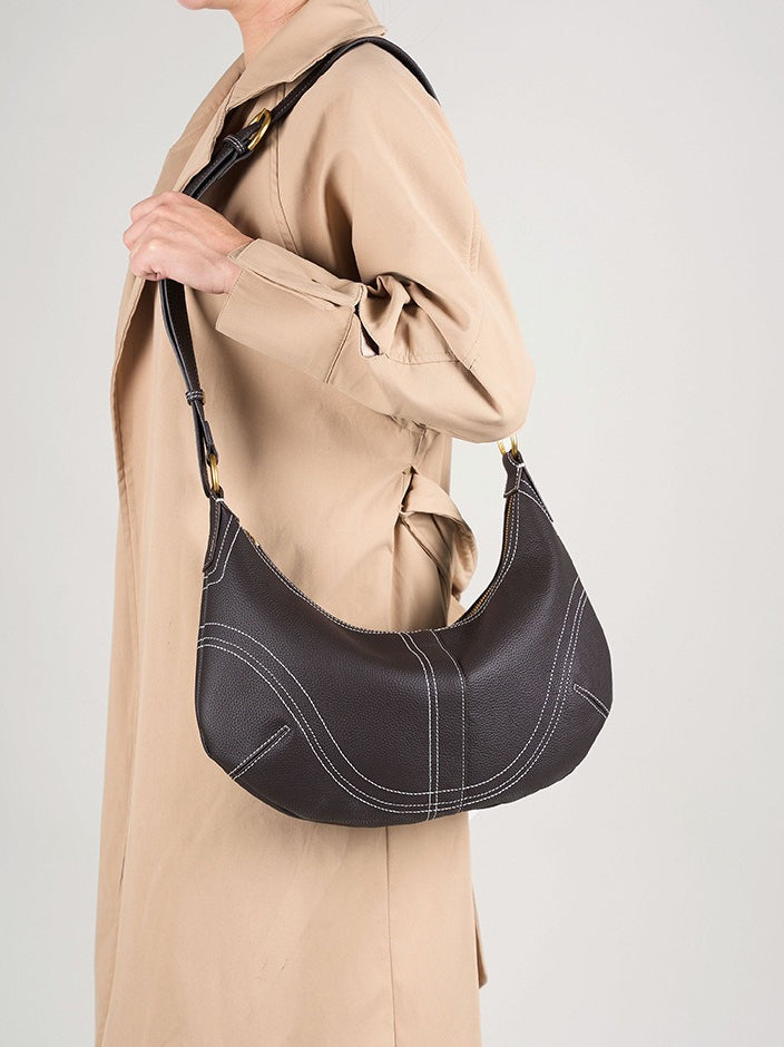 Women's Pebbled Cowhide Curved Hobo Bag with Contrast Stitching