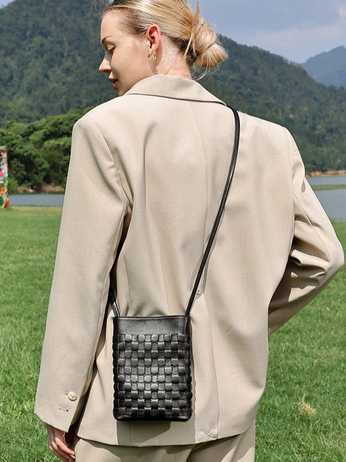 Women's Woven Sheepskin Mini Phone Bag with Adjustable Strap