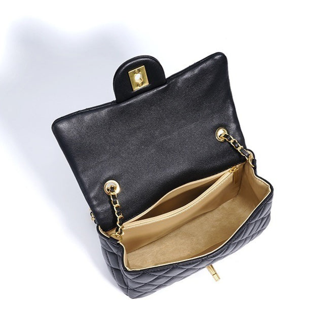 Women's Quilted Sheepskin Flap Bag with Adjustable Gold Chain