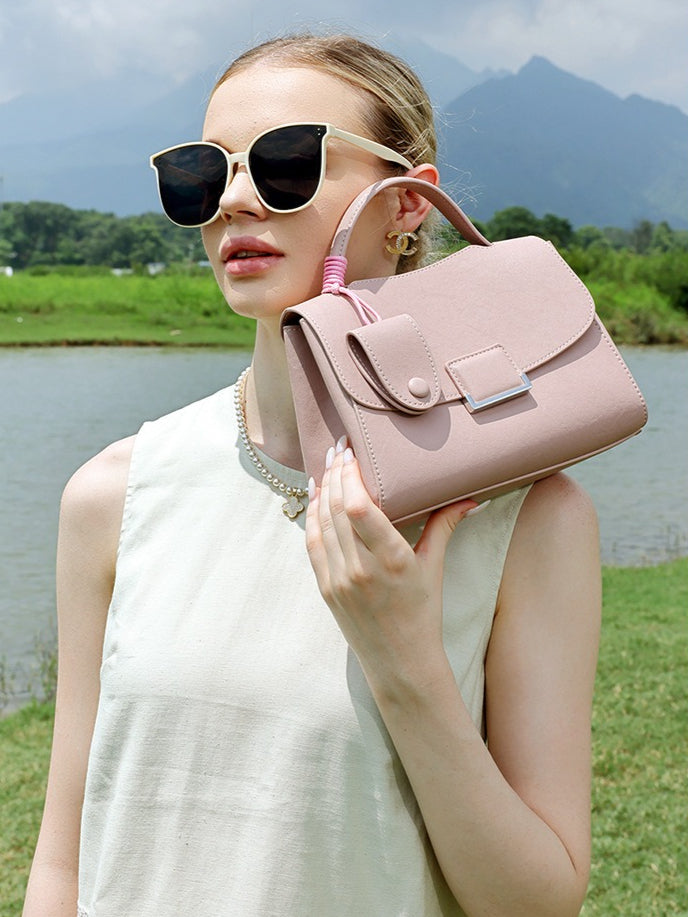 Women's Genuine Leather Square Flap Bag with Magnetic Closure