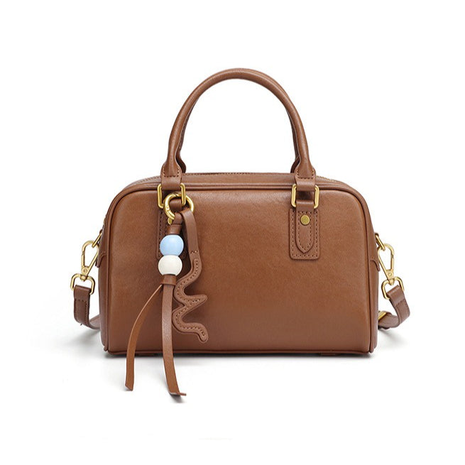 Women's Genuine Leather Boston Bag with Wavy Charm