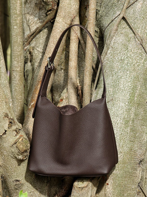 Women's TC Full-Grain Cowhide Hobo Bucket Bag with Adjustable Strap