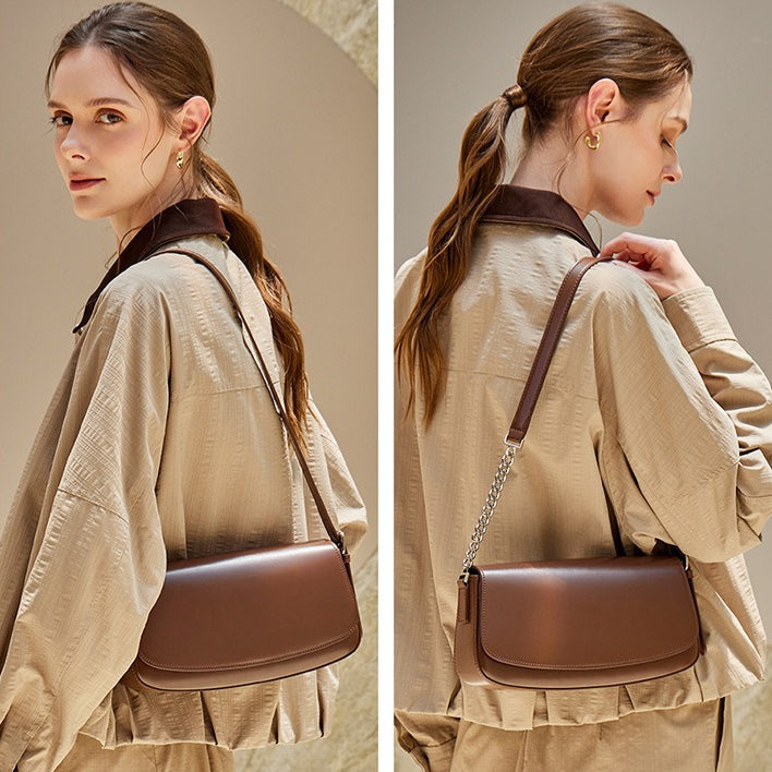 Women's Soft Cowhide Baguette Saddle Bag with Chain Strap