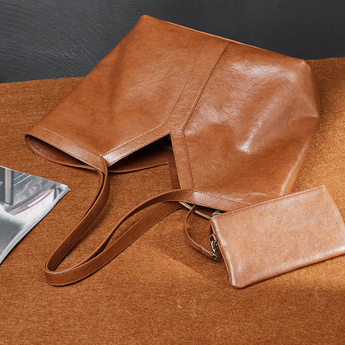 Women's Genuine Leather Open Top Vertical Tote Bag