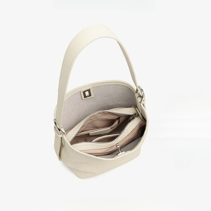 Women's Full-Grain Cowhide Sculpted Bucket Bag with Turn-Lock