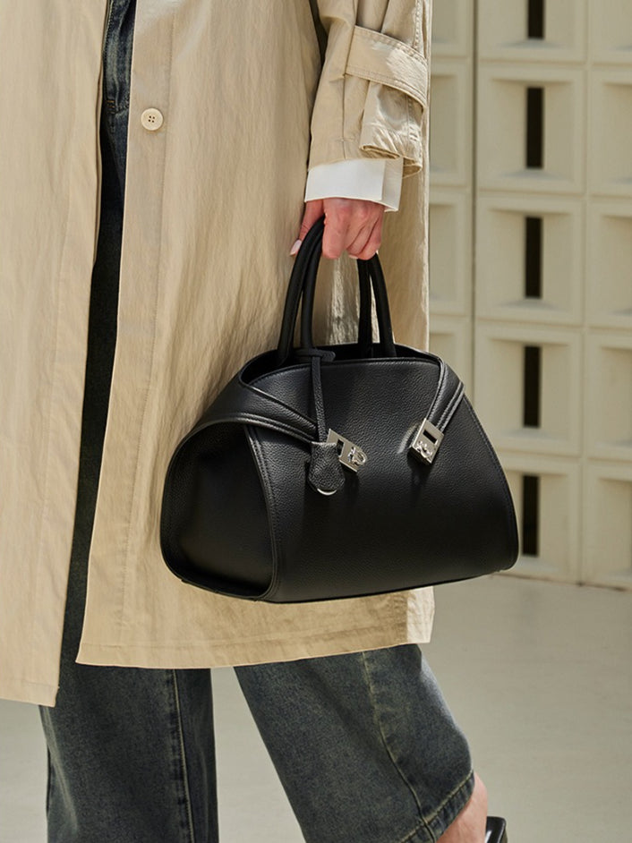 Women's Lychee-Grain Cowhide Double-Buckle Convertible Tote