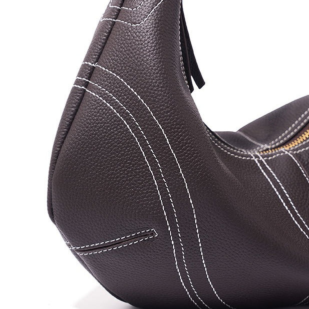 Women's Pebbled Cowhide Curved Hobo Bag with Contrast Stitching