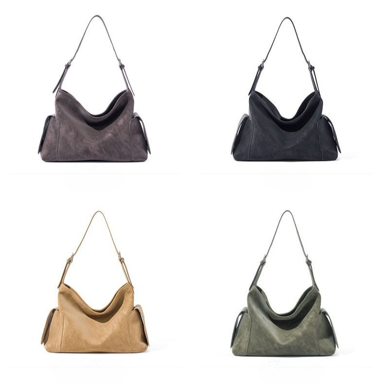 Women's Full-Grain Cowhide Slouchy Shoulder Bag with Side Pockets