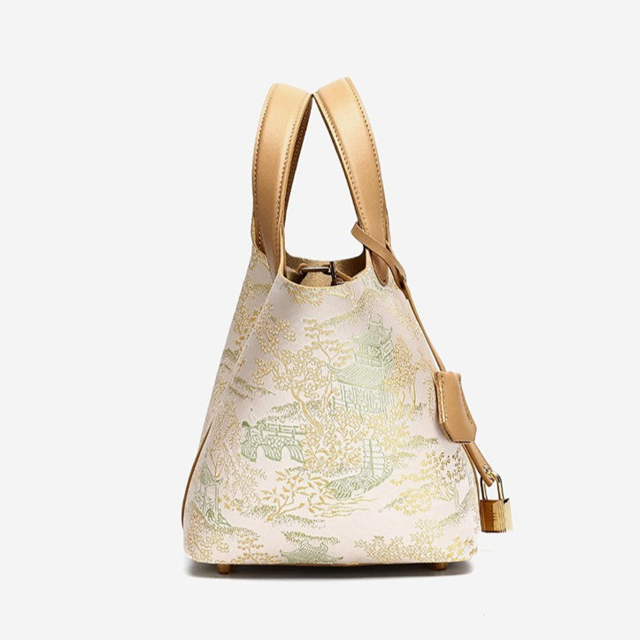 Women's Oriental Garden Genuine Leather Bucket Bag with Charm
