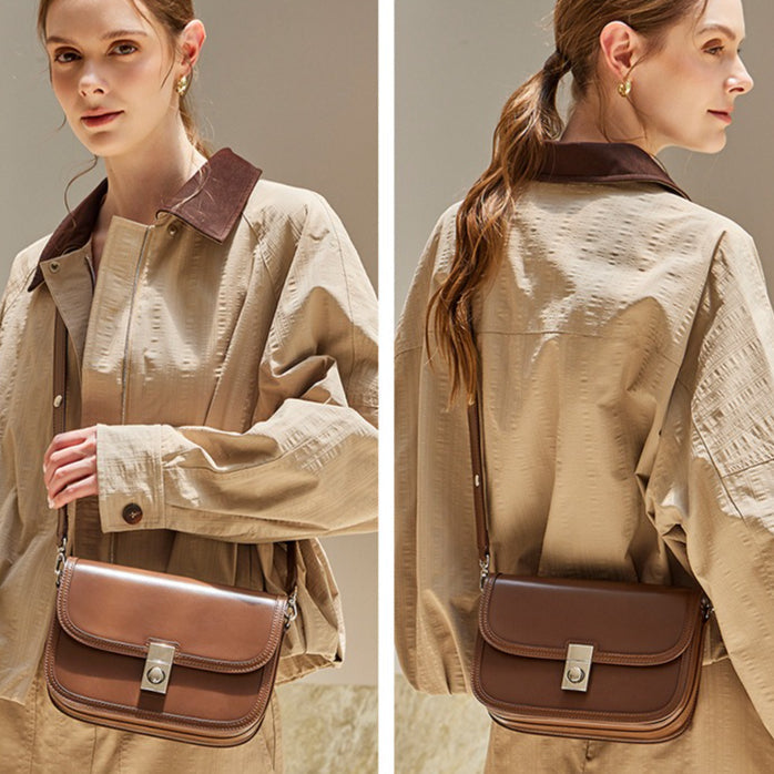 Women's Plain Cowhide Curved Satchel with Twist-Lock Closure