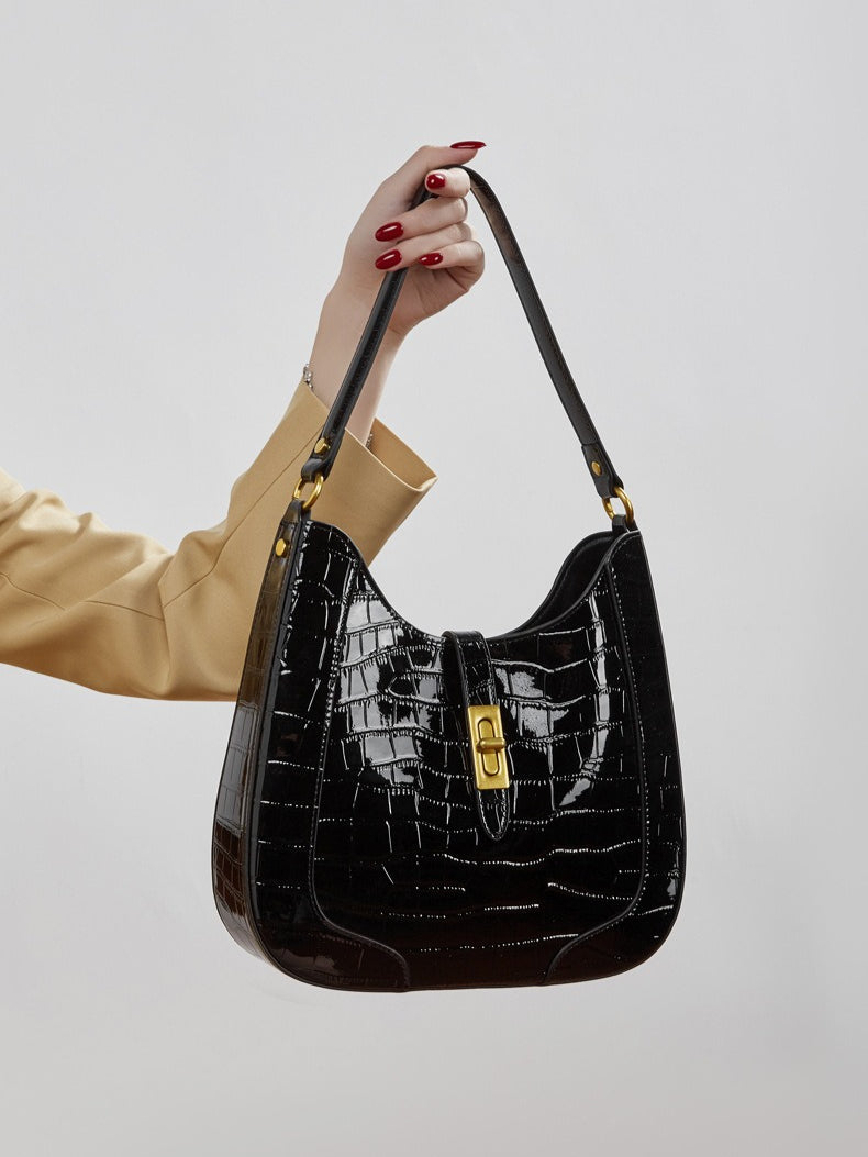 Women's Croc-Embossed Genuine Leather Hobo Bag with Detachable Pouch