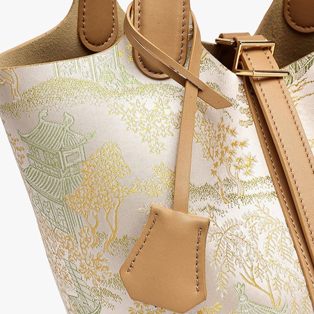 Women's Oriental Garden Genuine Leather Bucket Bag with Charm