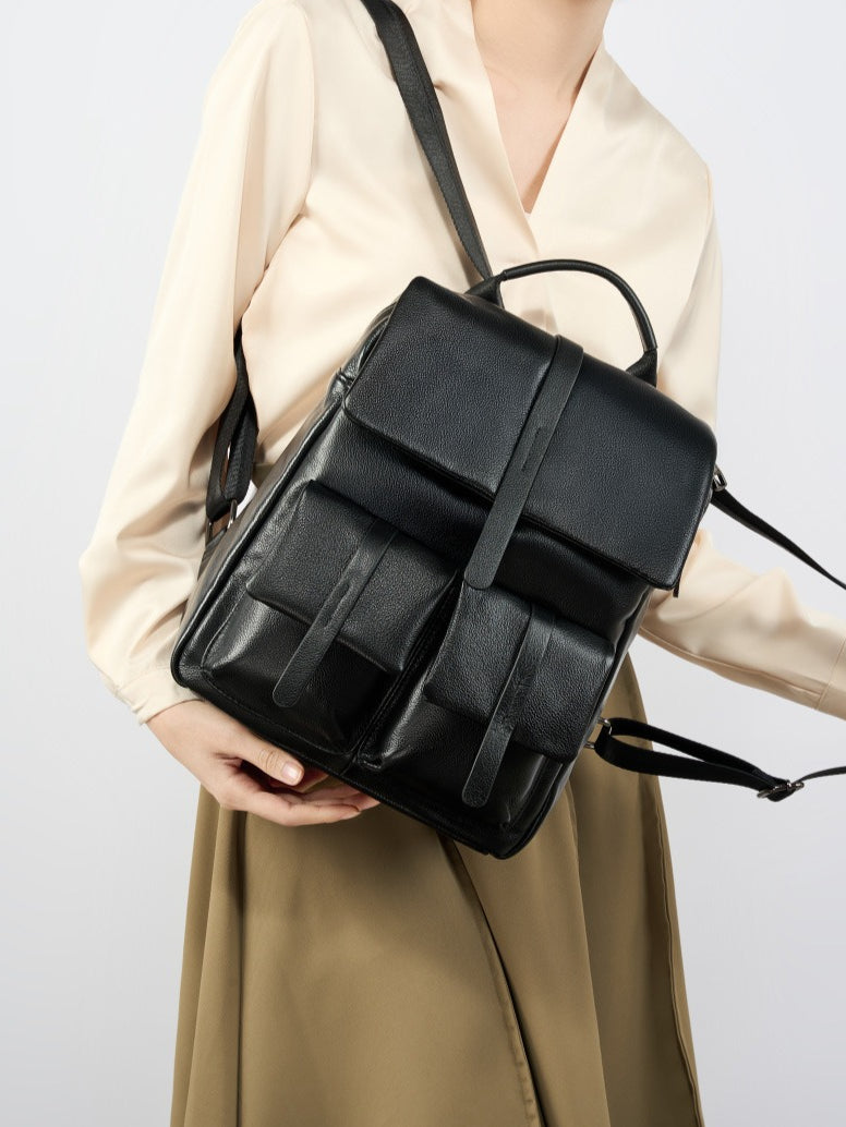 Women's Pebbled Cowhide Flap Backpack with Multiple Pockets