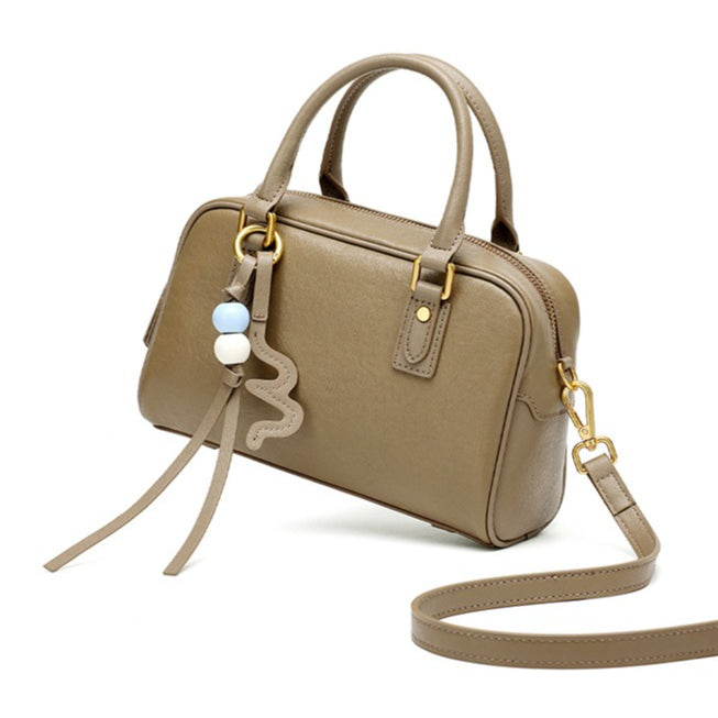 Women's Genuine Leather Boston Bag with Wavy Charm