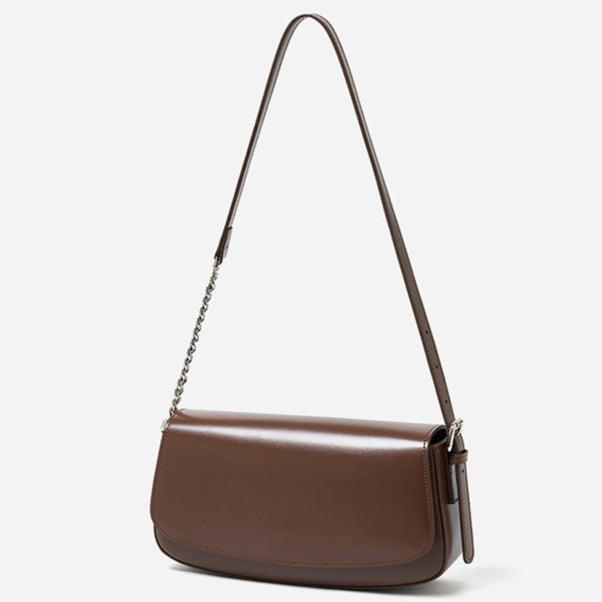 Women's Soft Cowhide Baguette Saddle Bag with Chain Strap