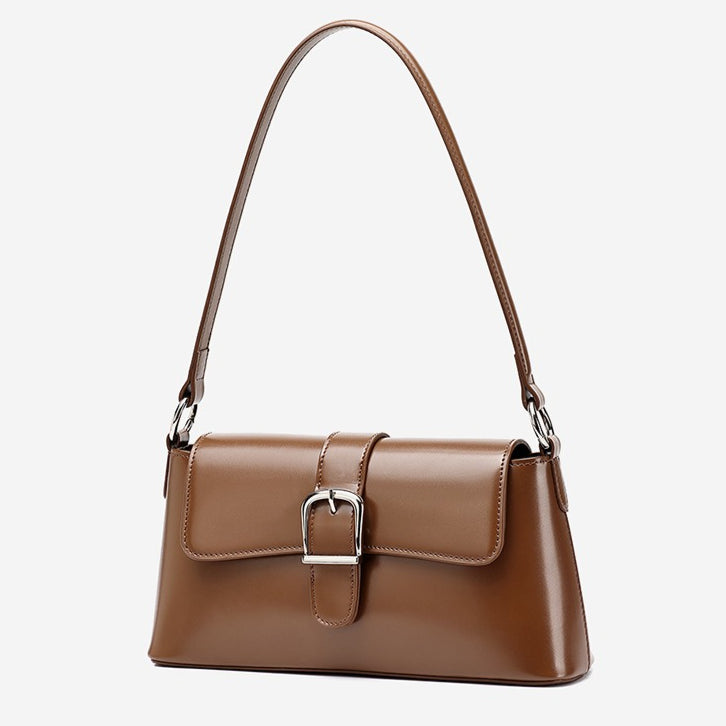 Women's Genuine Leather Vintage Baguette Shoulder Bag with Buckle