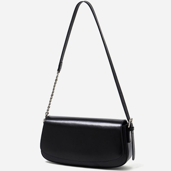 Women's Soft Cowhide Baguette Saddle Bag with Chain Strap