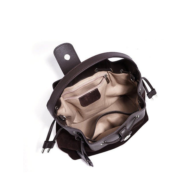 Women's Suede Leather Drawstring Bucket Bag with Horse Charm