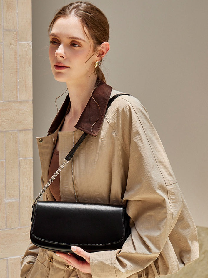 Women's Soft Cowhide Baguette Saddle Bag with Chain Strap