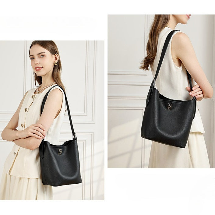 Women's Full-Grain Cowhide Sculpted Bucket Bag with Turn-Lock