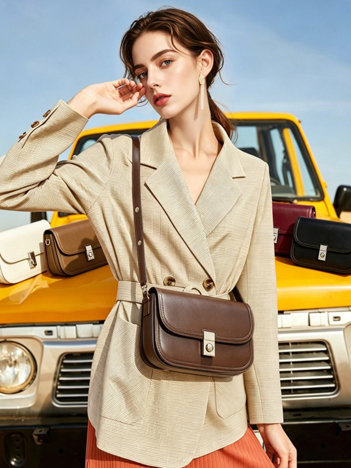 Women's Plain Cowhide Curved Satchel with Twist-Lock Closure
