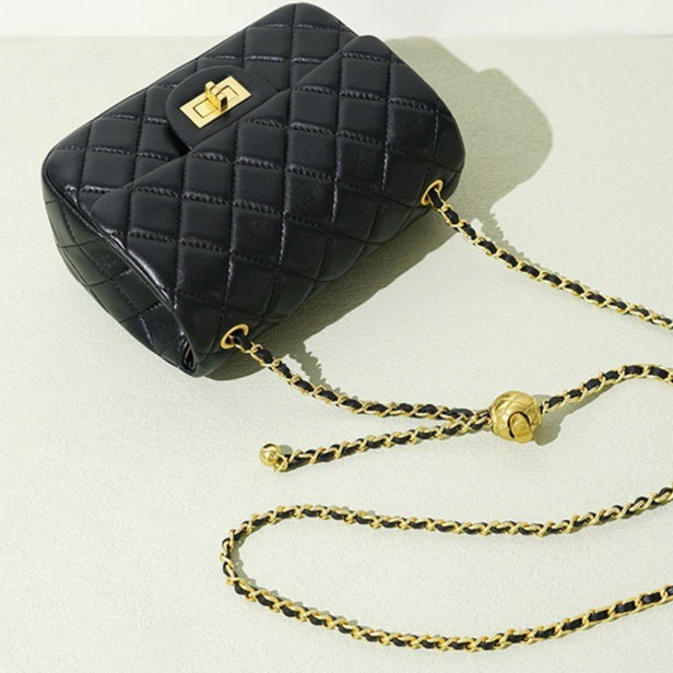Women's Quilted Sheepskin Flap Bag with Golden Ball Chain