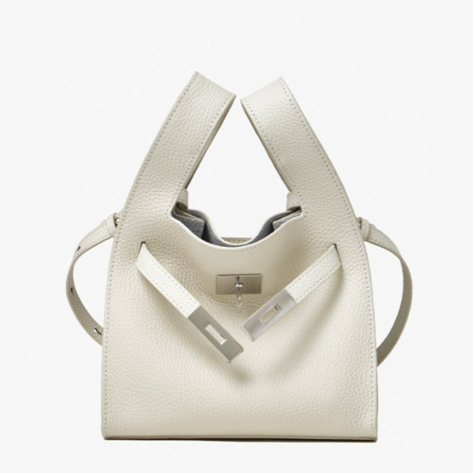 Women's Pebbled Cowhide Twist-Lock Bucket Bag with Inner Pouch