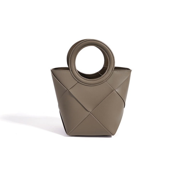 Women's Woven Cowhide Mini Bucket Bag with Adjustable Strap