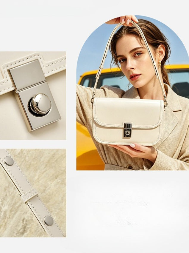 Women's Plain Cowhide Curved Satchel with Twist-Lock Closure