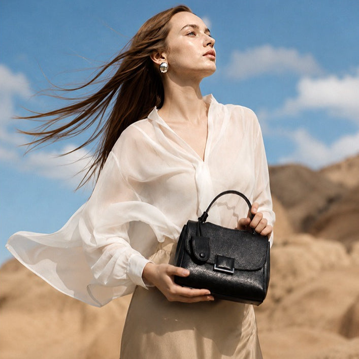 Women's Genuine Leather Square Flap Bag with Magnetic Closure
