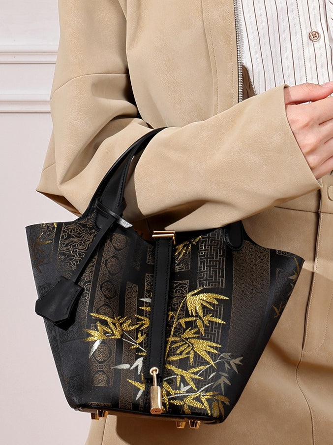 Women's Oriental Garden Genuine Leather Bucket Bag with Charm