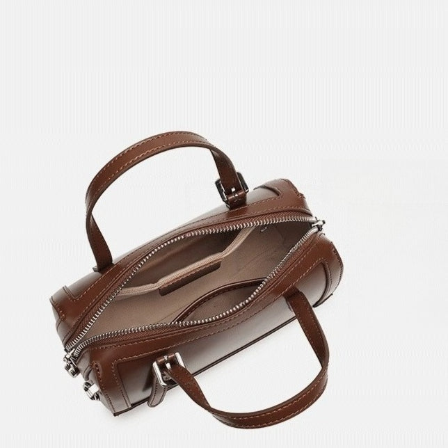 Women's Cowhide Retro Boston Barrel Bag with Adjustable Strap
