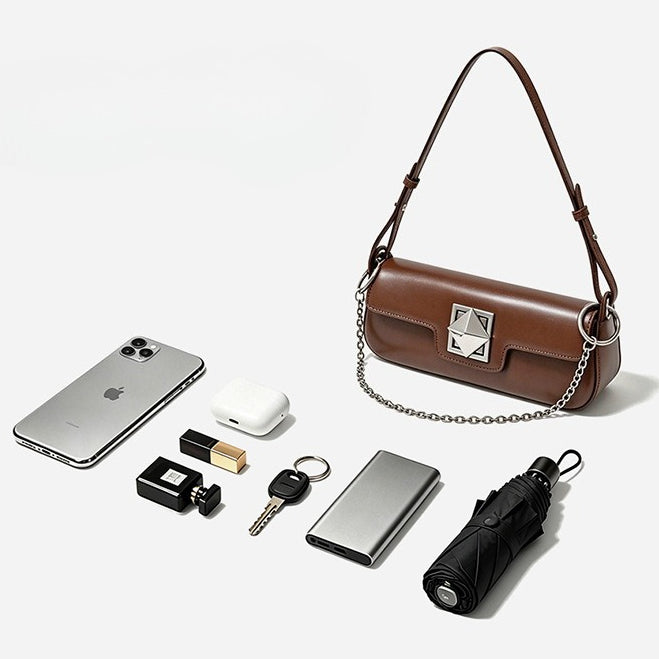 Women's Smooth Cowhide Silver-Buckle Baguette Shoulder Bag