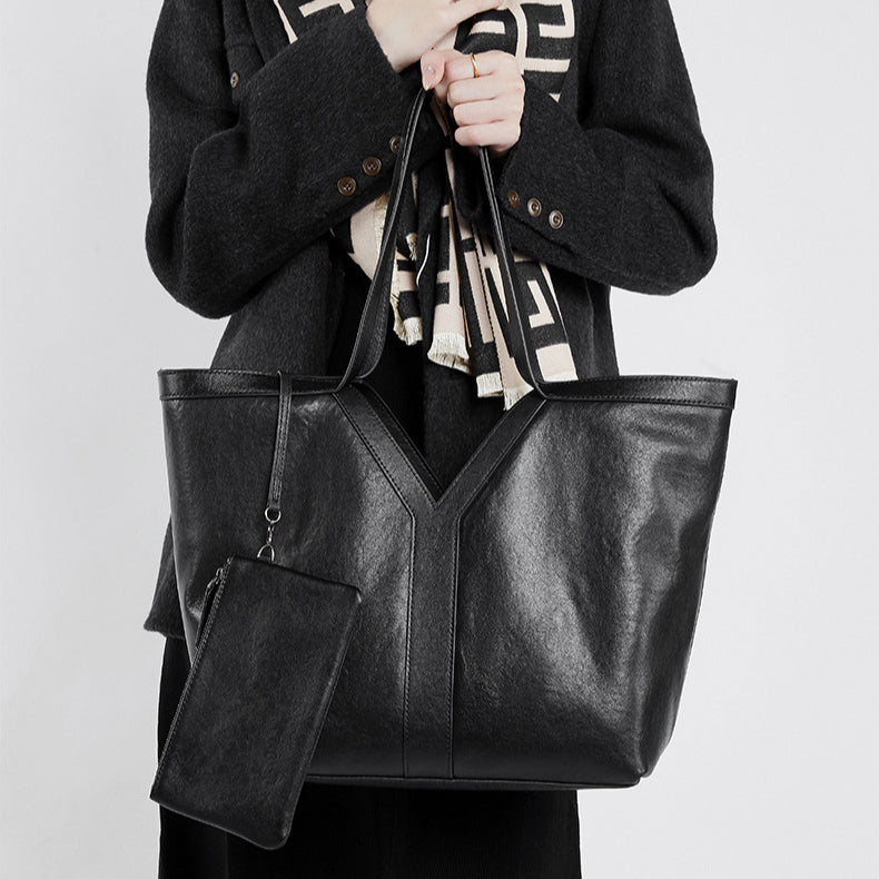 Women's Genuine Leather Open Top Vertical Tote Bag